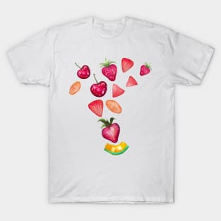 Watercolor Fruits splash, strawberries, cherries, watermelon slices T-Shirt